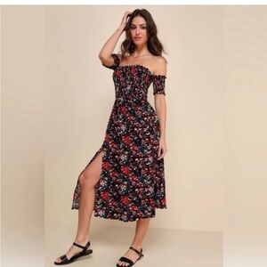 Lulu's Black Off-Shoulder Floral Midi Dress with Red & White Blooms